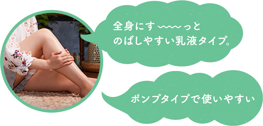 全身にす〜っとのばしやすい乳液タイプ。ポンプタイプで使いやすい
