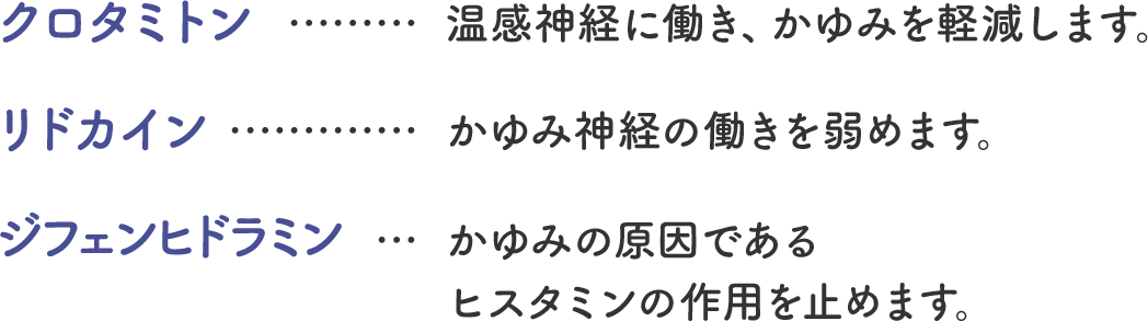 クロタミトン&hellip;温感神経に働き、かゆみを軽減します。 リドカイン&hellip;かゆみ神経の働きを弱めます。 ジフェンヒドラミン&hellip;かゆみの原因であるヒスタミンの作用を止めます。
