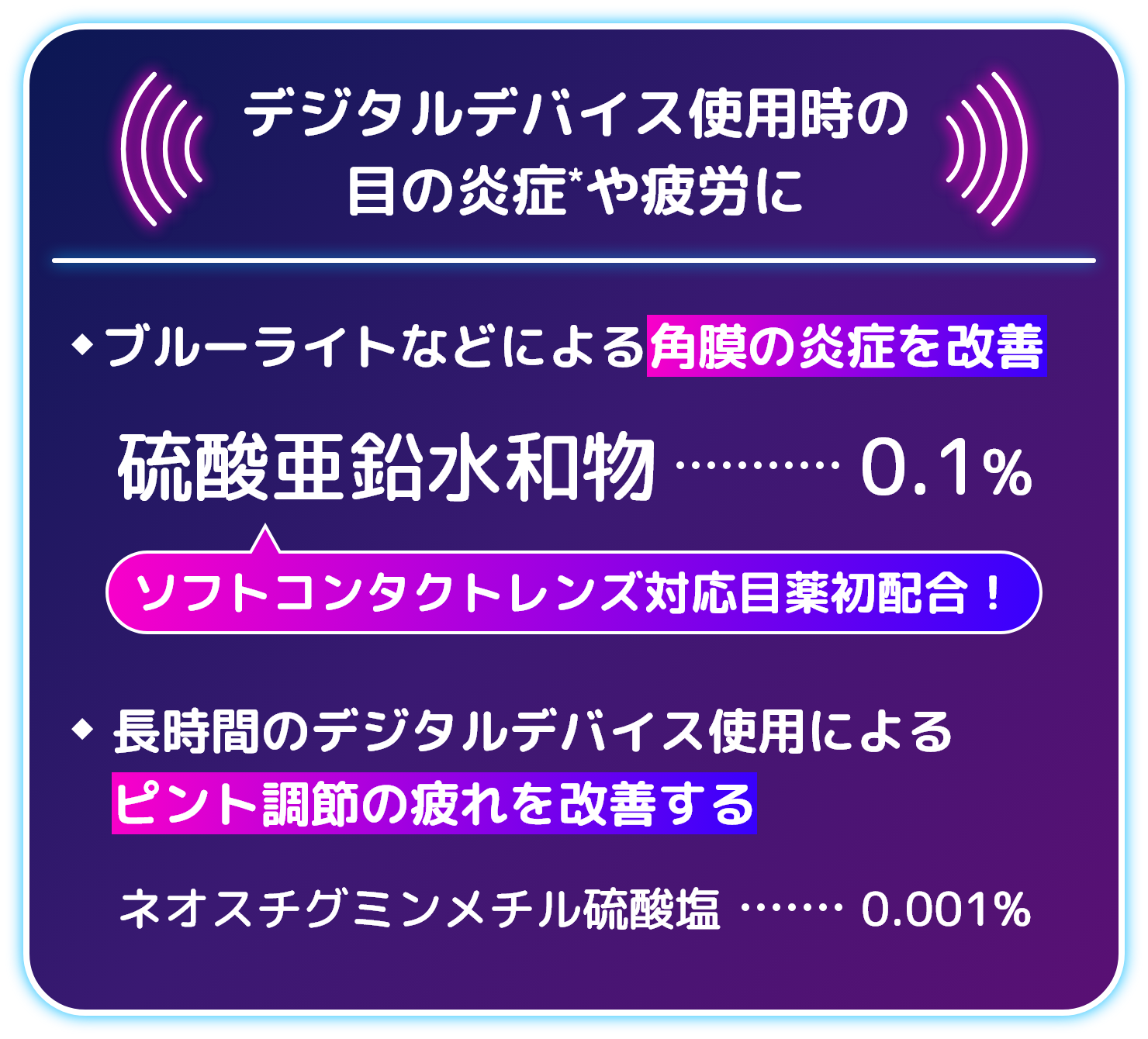 デジタルデバイス使用時の目の炎症*や疲労に ブルーライトなどによる角膜の炎症を改善 硫酸亜鉛水和物 0.1% ソフトコンタクトレンズ対応目薬初配合！ 長時間のデジタルデバイス使用によるピント調節の疲れを改善する ネオスチグミンメチル硫酸塩 0.001%