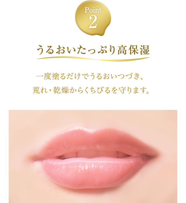 Point2【うるおいたっぷり高保湿】一度塗るだけでうるおいつづき、荒れ・乾燥からくちびるを守ります。