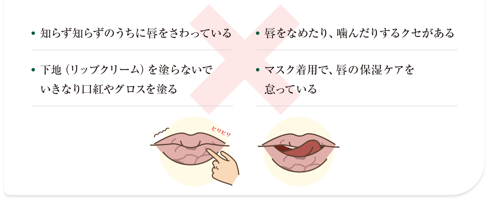 ・知らず知らずのうちに唇をさわっている ・唇をなめたり、噛んだりするクセがある ・下地（リップクリーム）を塗らないでいきなり口紅やグロスを塗る ・マスク着用で、唇の保湿ケアを怠っている
