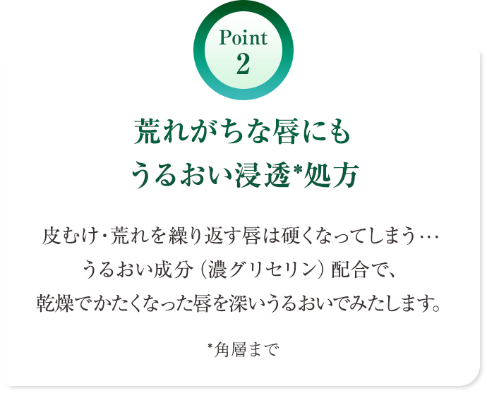 Point 2 荒れがちな唇にもうるおい浸透*処方 皮むけ・荒れを繰り返す唇は硬くなってしまう・・・うるおい成分（濃グリセリン）配合で、乾燥でかたくなった唇を深いうるおいでみたします。 *角層まで