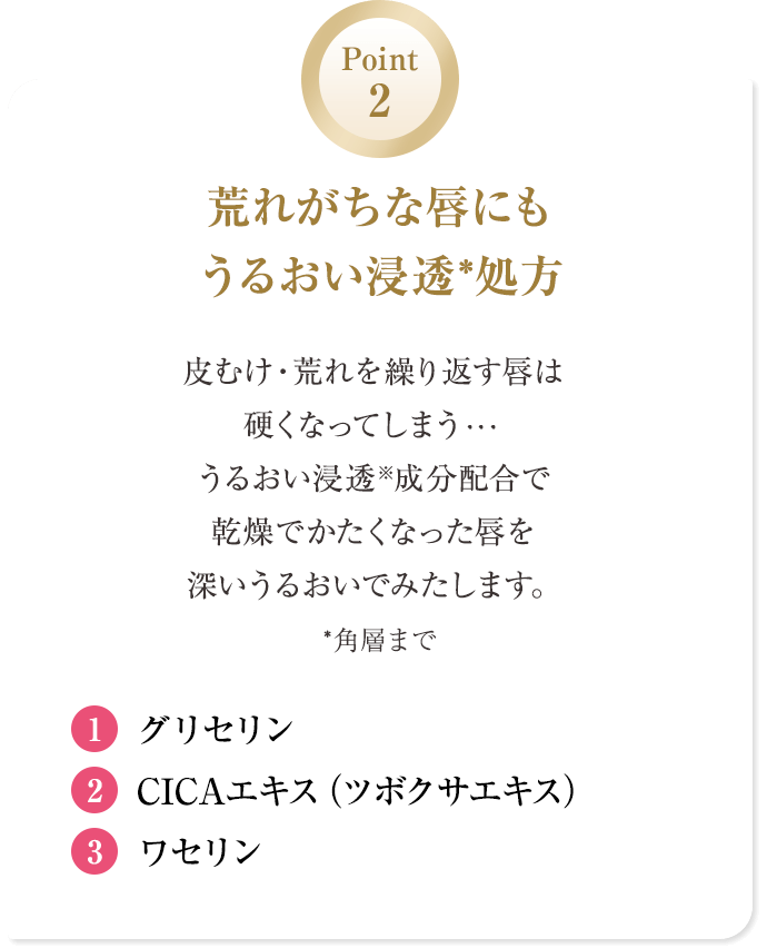 Point 2 荒れがちな唇にもうるおい浸透*処方 皮むけ・荒れを繰り返す唇は硬くなってしまう・・・うるおい浸透※成分配合で、乾燥でかたくなった唇を深いうるおいでみたします。 *角層まで 　①グリセリン ②CICAエキス（ツボクサエキス） ③ワセリン