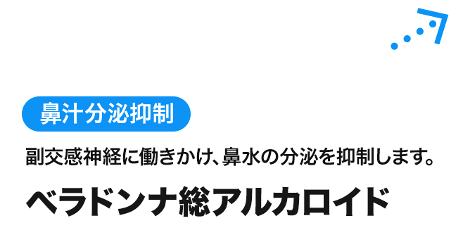 ベラドンナ総アルカロイド。鼻汁分泌抑制：副交感神経に働きかけ、鼻水の分泌を抑制します。
