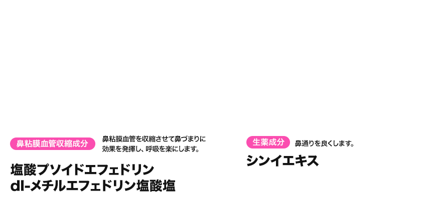 塩酸プソイドエフェドリン、dl-メチルエフェドリン塩酸塩。鼻粘膜血管収縮成分：鼻粘膜血管を収縮させて鼻づまりに効果を発揮し、呼吸を楽にします。シンイエキス。生薬成分：鼻通りを良くします。