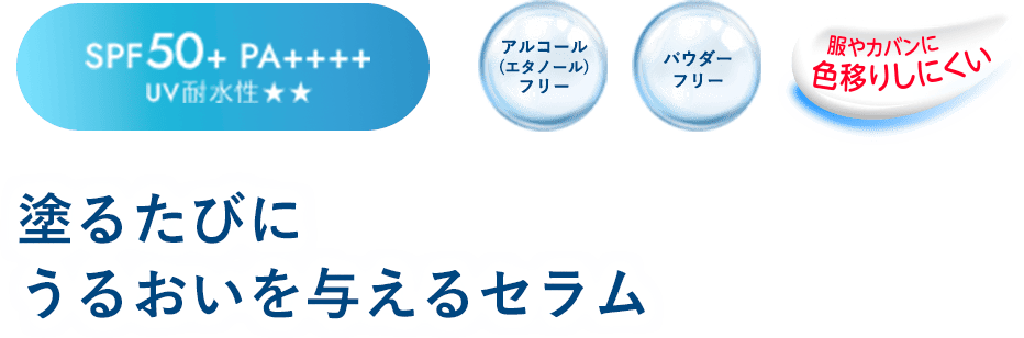SPF50+ PA++++ UV耐水性★★ アルコール (エタノール) フリー 塗るたびに うるおいを与えるセラム