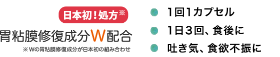 日本初！処方。胃粘膜修復成分W配合※Wの胃粘膜修復成分が日本初の組み合わせ・１回１カプセル・１日３回、食後に・吐き気、食欲不振に