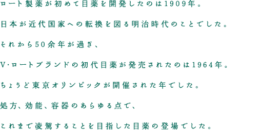 ロート製薬が初めて目薬を開発したのは1909年。日本が近代国家への転換を図る明治時代のことでした。それから50余年が過ぎ、V・ロートブランドの初代目薬が発売されたのは1964年。ちょうど東京オリンピックが開催された年でした。処方、効能、容器のあらゆる点で、これまで凌駕することを目指した目薬の登場でした。